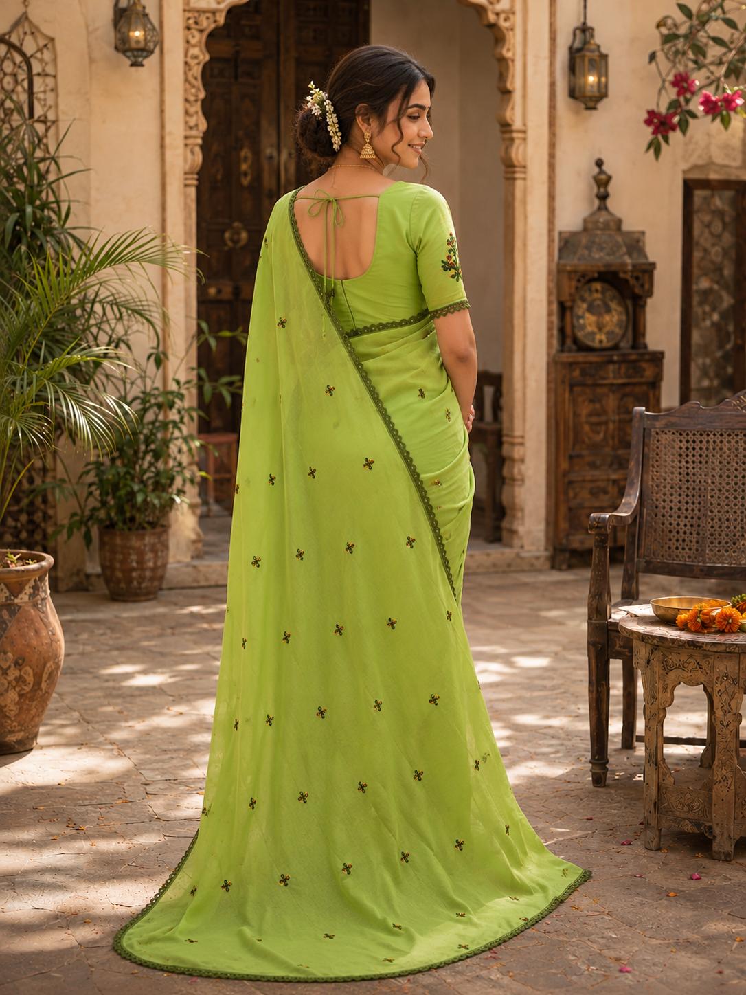 Soft Silk Embroidery Saree With Unstitched Blouse(green) image 2