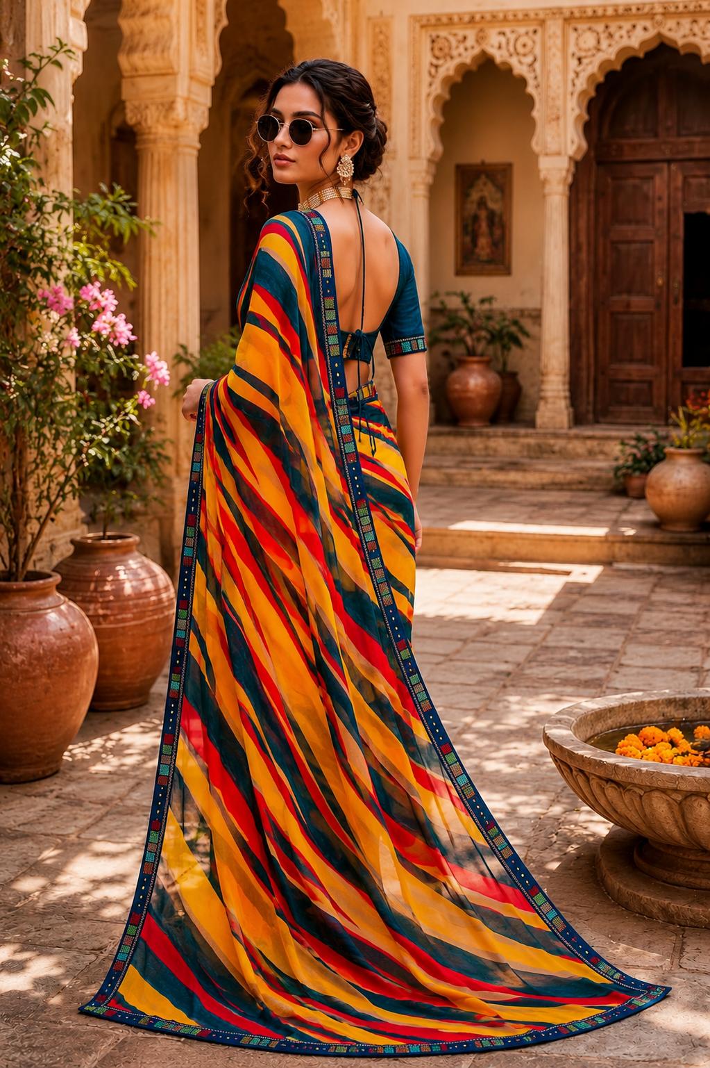 Georgette Digital Print Saree With Unstitched Blouse(yellow) image 2