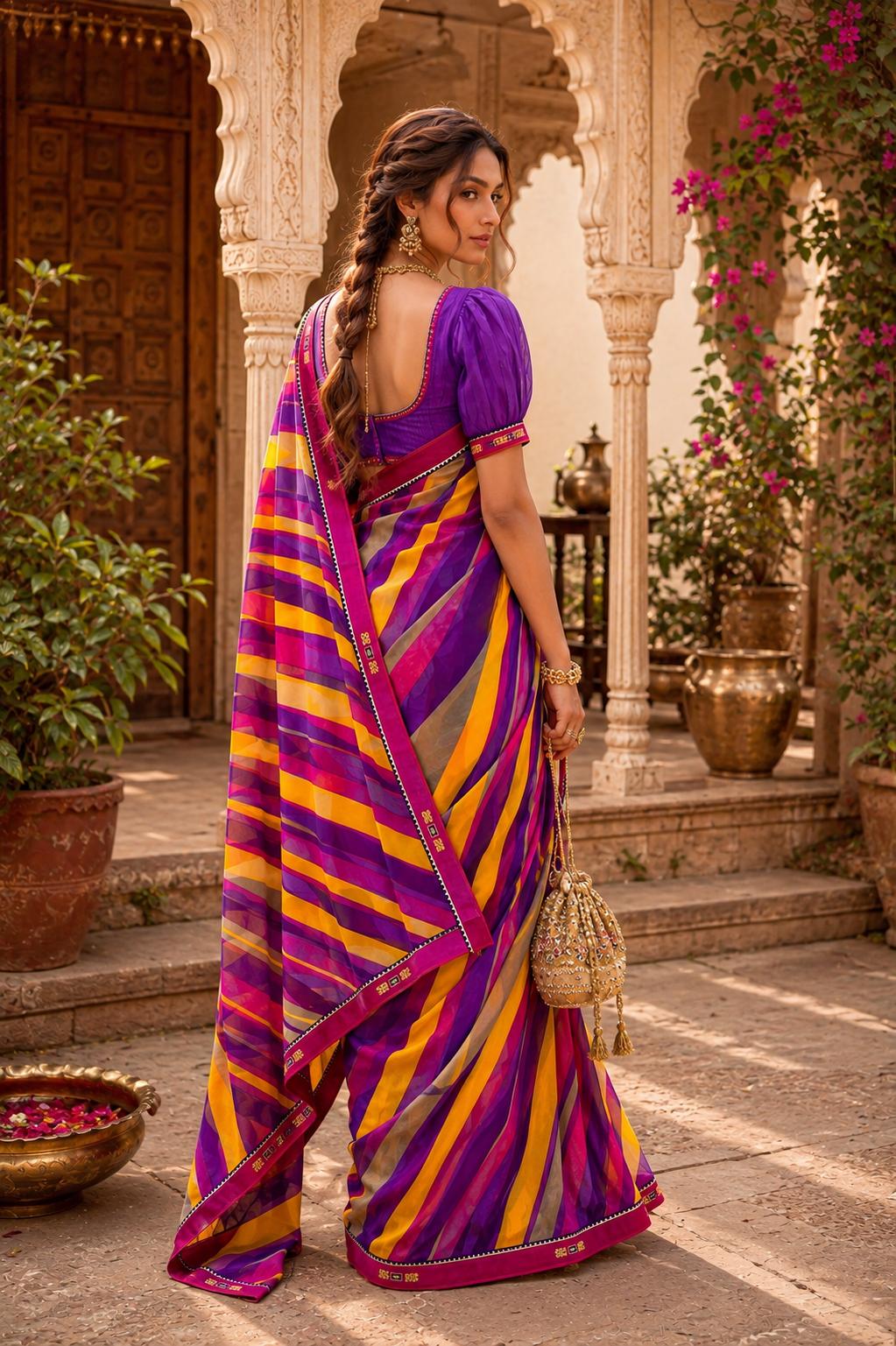 Georgette Digital Print Saree With Unstitched Blouse(purple) image 2