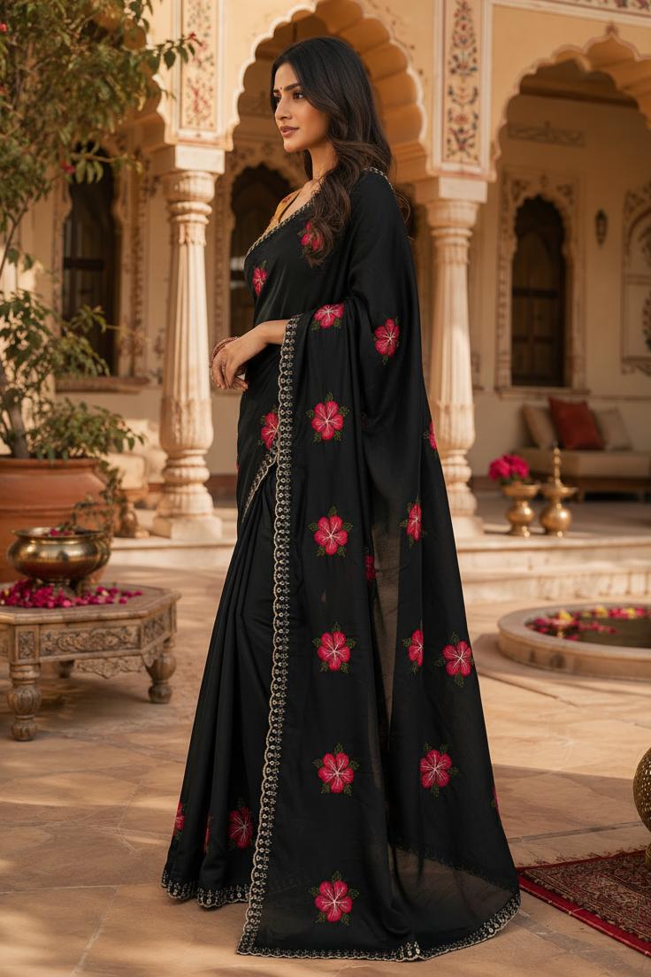 Soft Rangoli Silk Embroidery & Mirror Work Saree With Unstitched Blouse(black) image 2