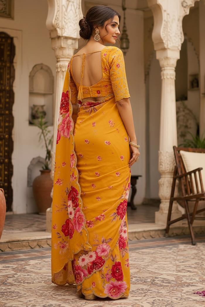 Premium Georgette Digital Floral Print Saree With Unstitched Blouse(yellow) image 2