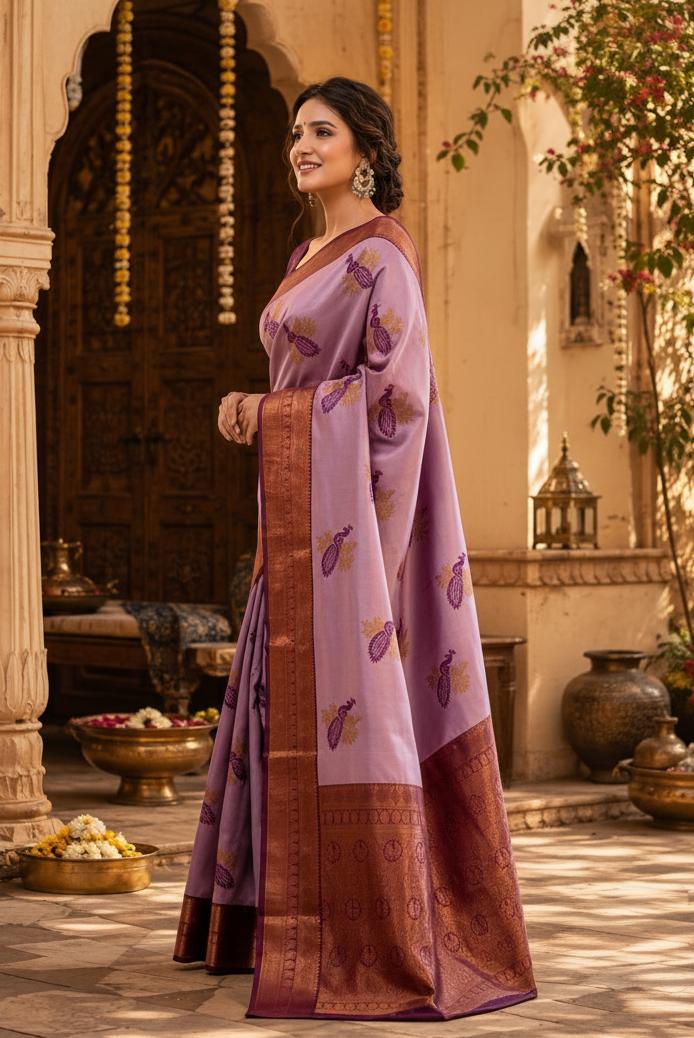 Pure Banarasi Silk Saree With Unstitched Blouse(lavender) image 2