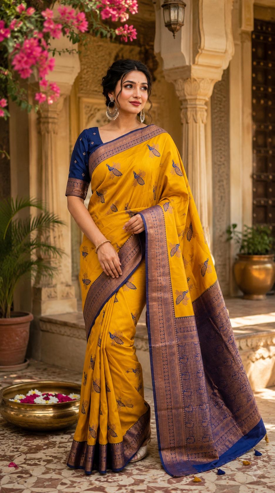 Pure Banarasi Silk Saree With Unstitched Blouse(mustard) image 2