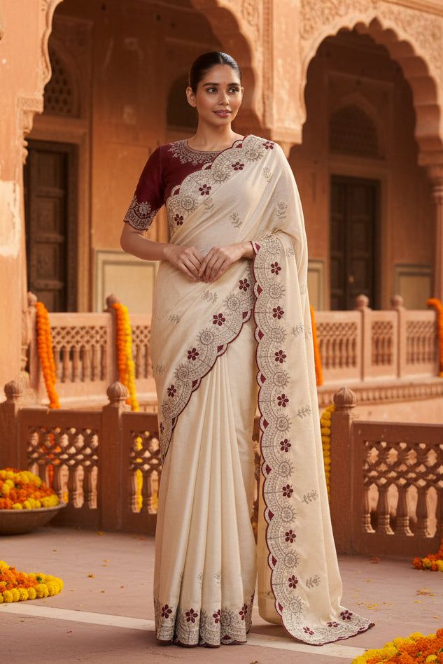 Premium Rangoli Silk Embroidery Work Saree With Unstitched Blouse(white) image 2