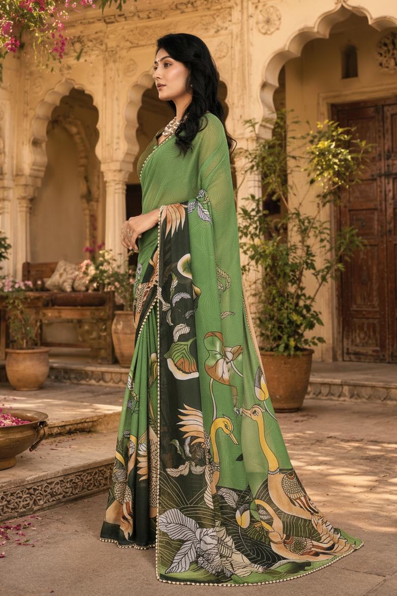 Georgette Printed Moti Lace Border Saree With Unstitched Blouse(green) image 2