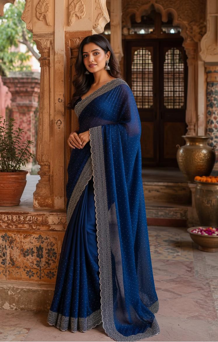 Soft Space Silk Diamond Lace Border Saree With Unstitched Blouse(navy Blue) image 2