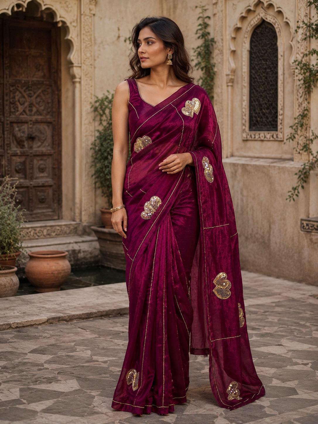 Space Silk Sequins Work Saree With Unstitched Blouse(wine) image 2