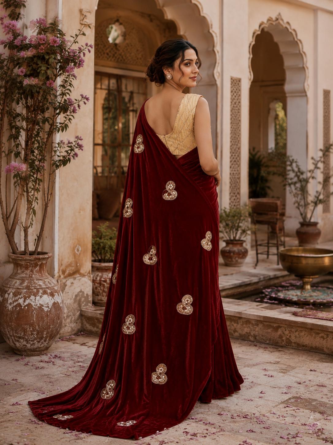 Space Silk Sequins Work Saree With Unstitched Blouse(maroon) image 2