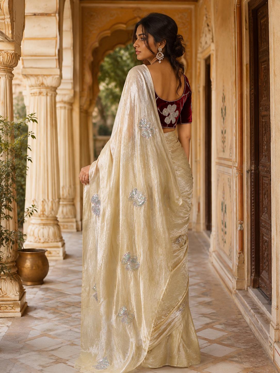 Space Silk Sequins Work Saree With Unstitched Blouse(off White) image 2