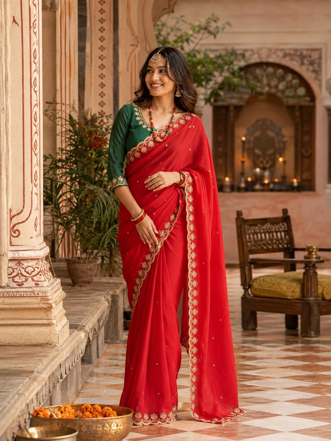 Georgette Embroidery Sequins Work Saree With Unstitched Blouse(red) image 2