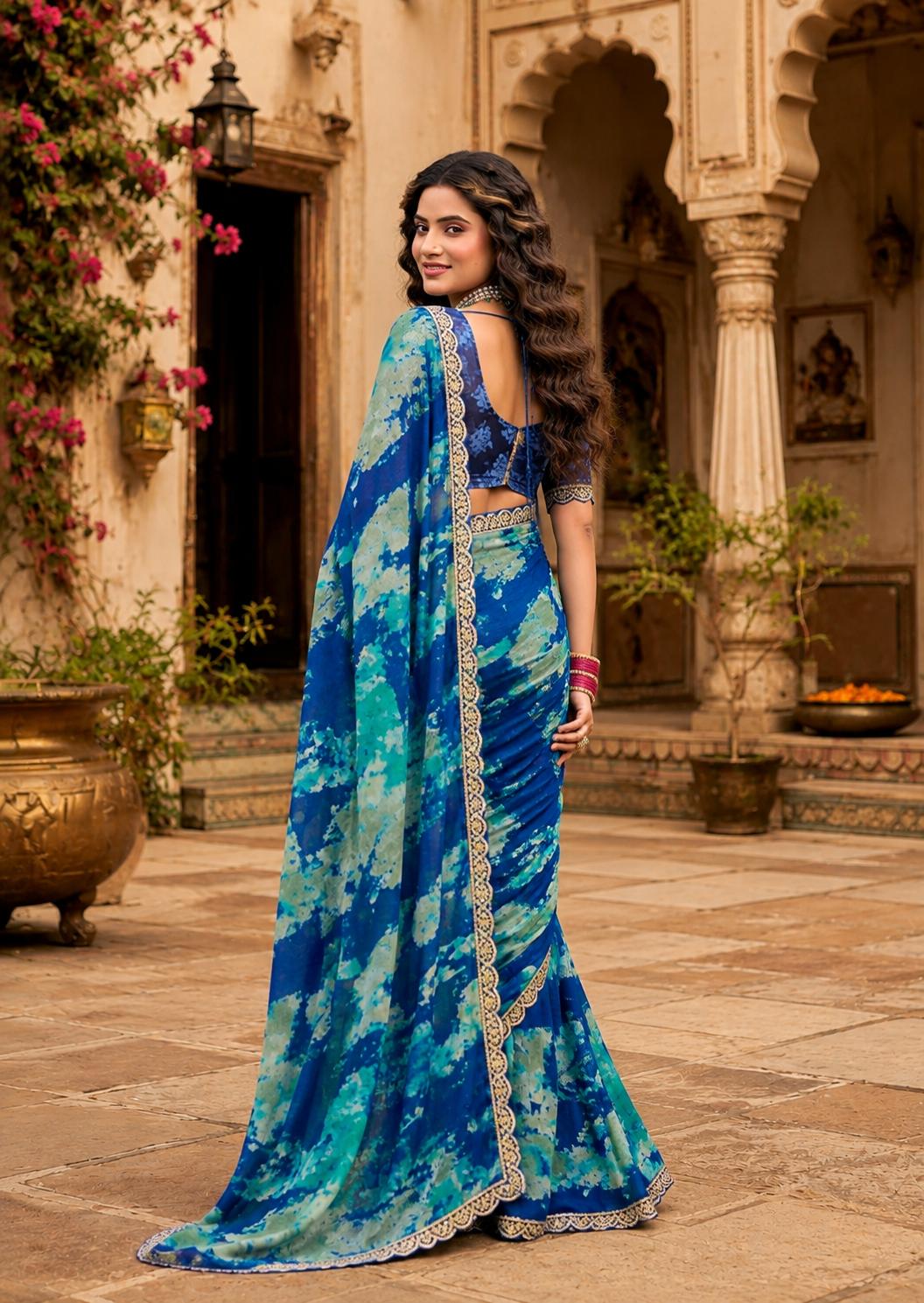 Chiffon Printed Saree With Unstitched Blouse(blue) image 2