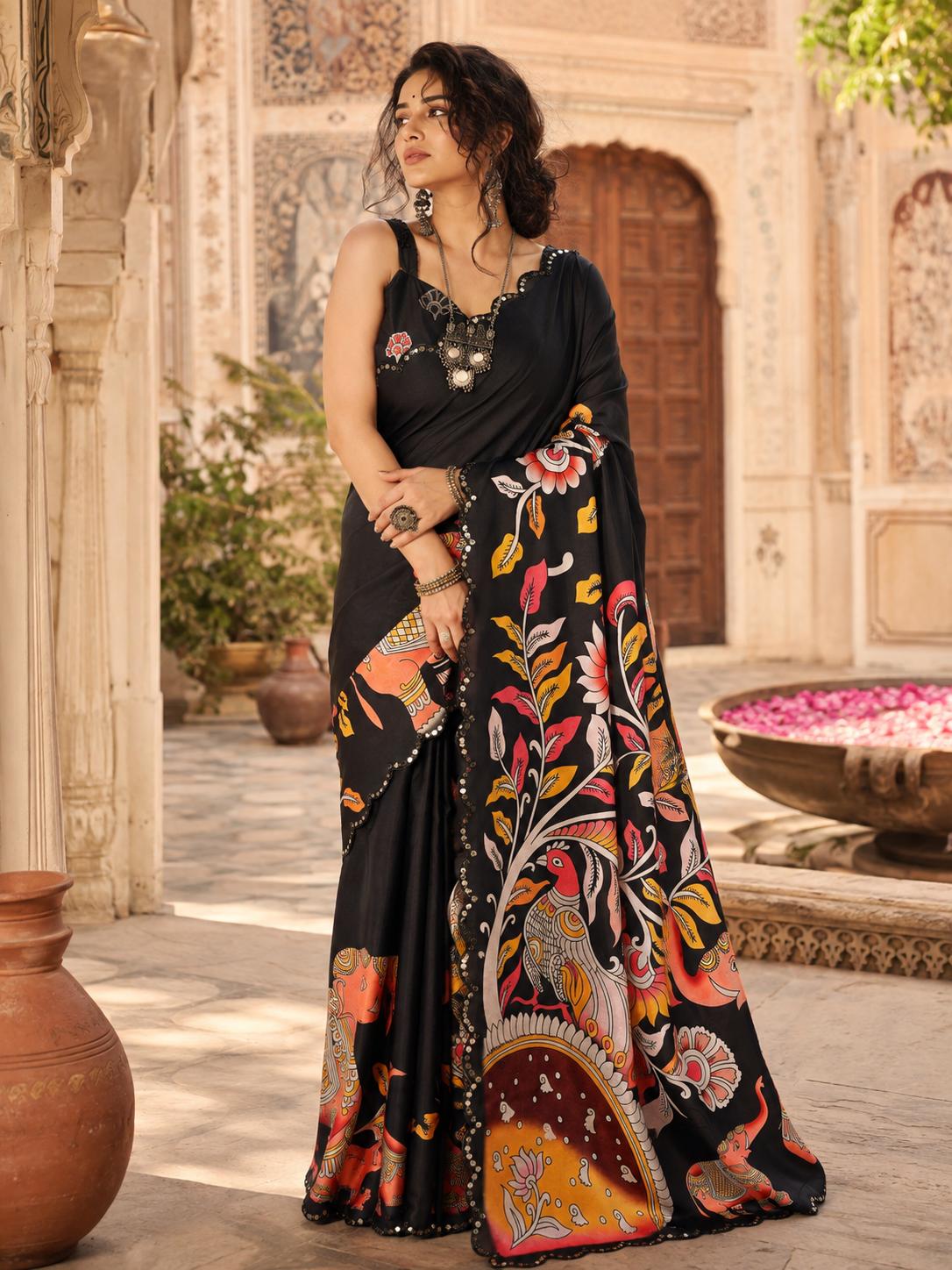 Manipuri Silk Kalamkari Print Saree With Unstitched Blouse(black) image 2