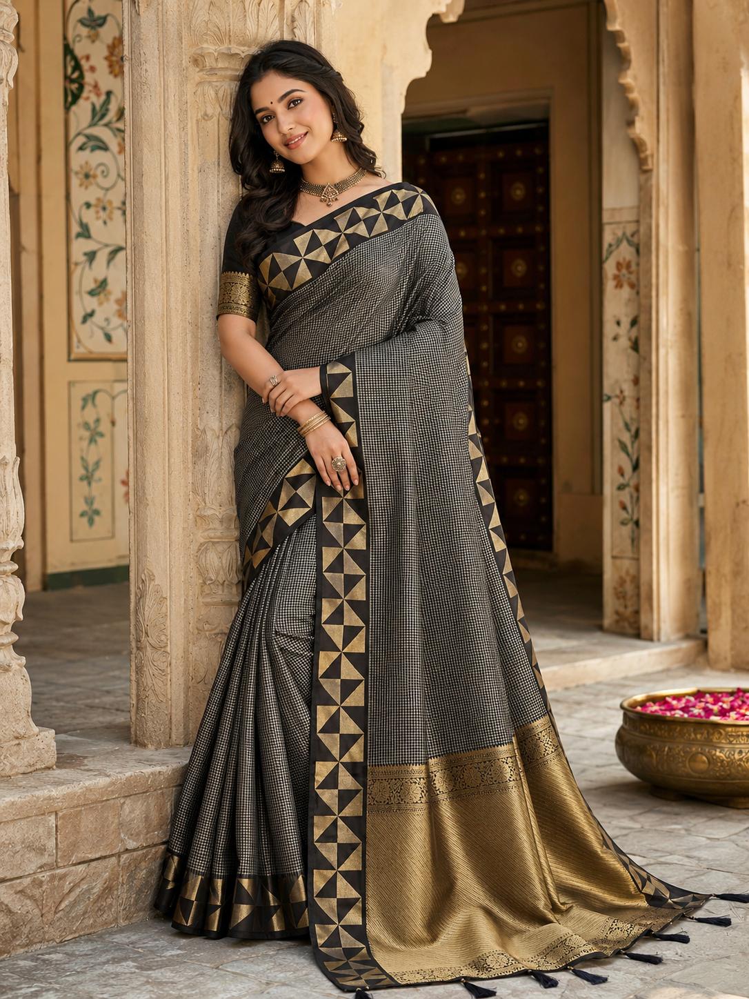 Premium Art Silk Zari Triangle Border Saree With Unstitched Blouse(grey) image 2