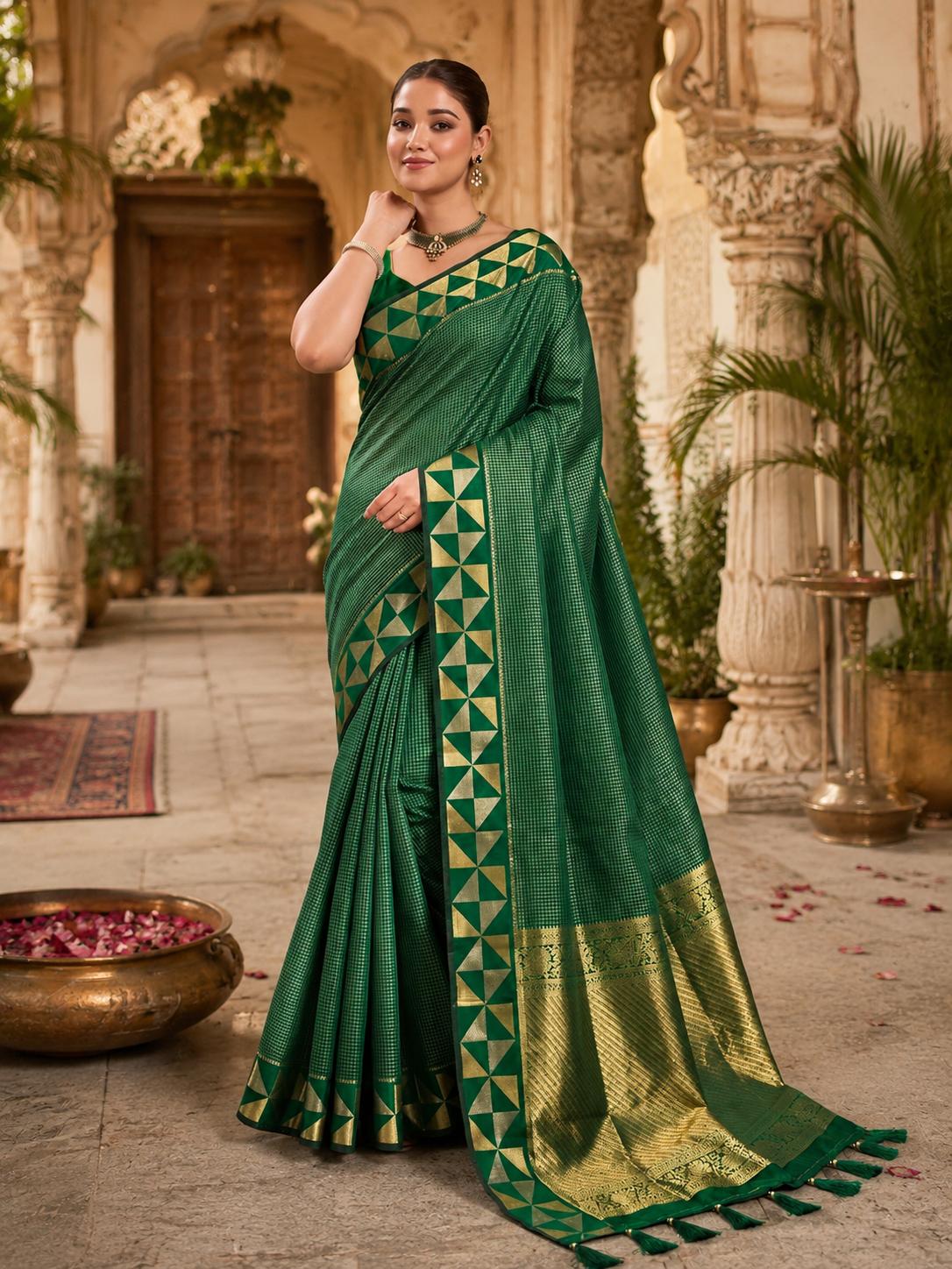 Premium Art Silk Zari Triangle Border Saree With Unstitched Blouse(green) image 2
