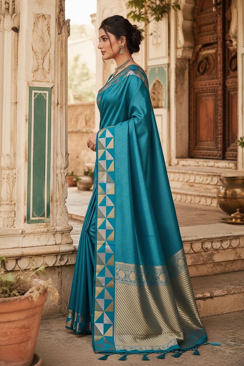 Premium Art Silk Zari Triangle Border Saree With Unstitched Blouse(sky) image 2
