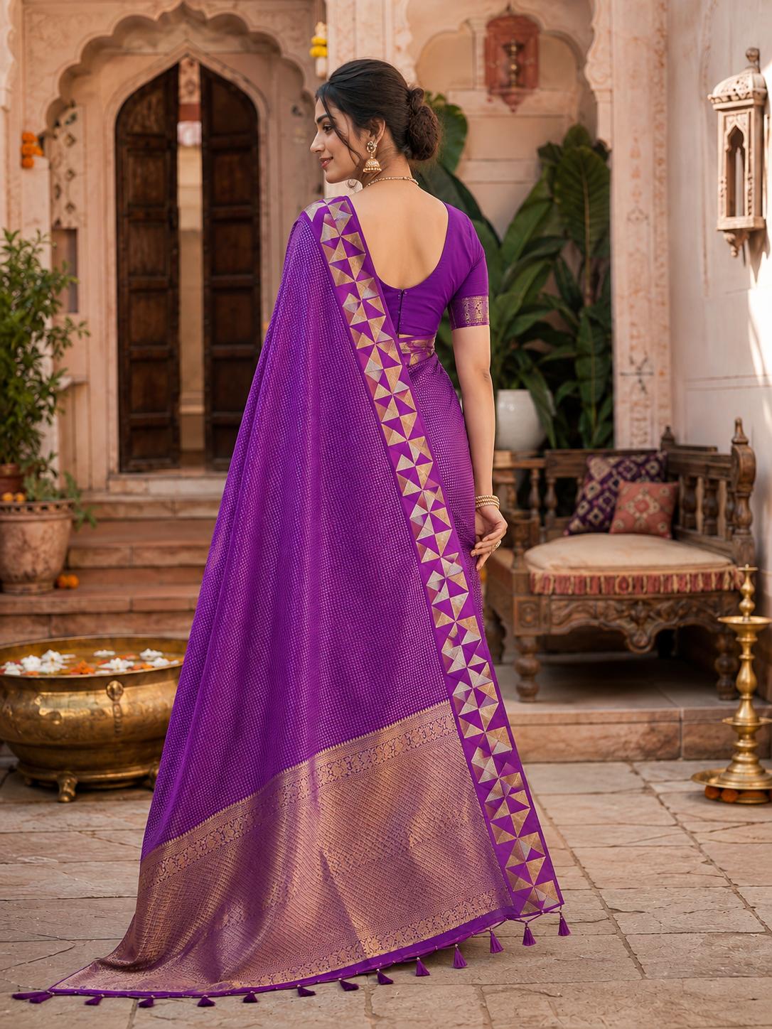 Premium Art Silk Zari Triangle Border Saree With Unstitched Blouse(purple) image 2