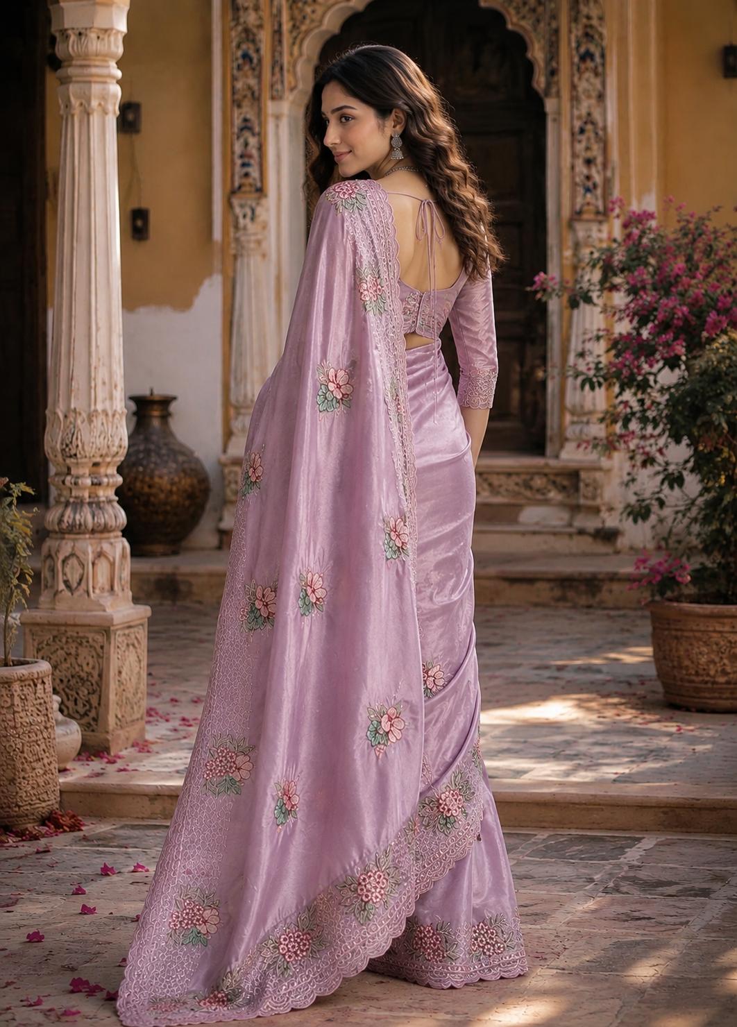 Georgette Multi Embroidery Work Saree With Unstitched Blouse(pink) image 2