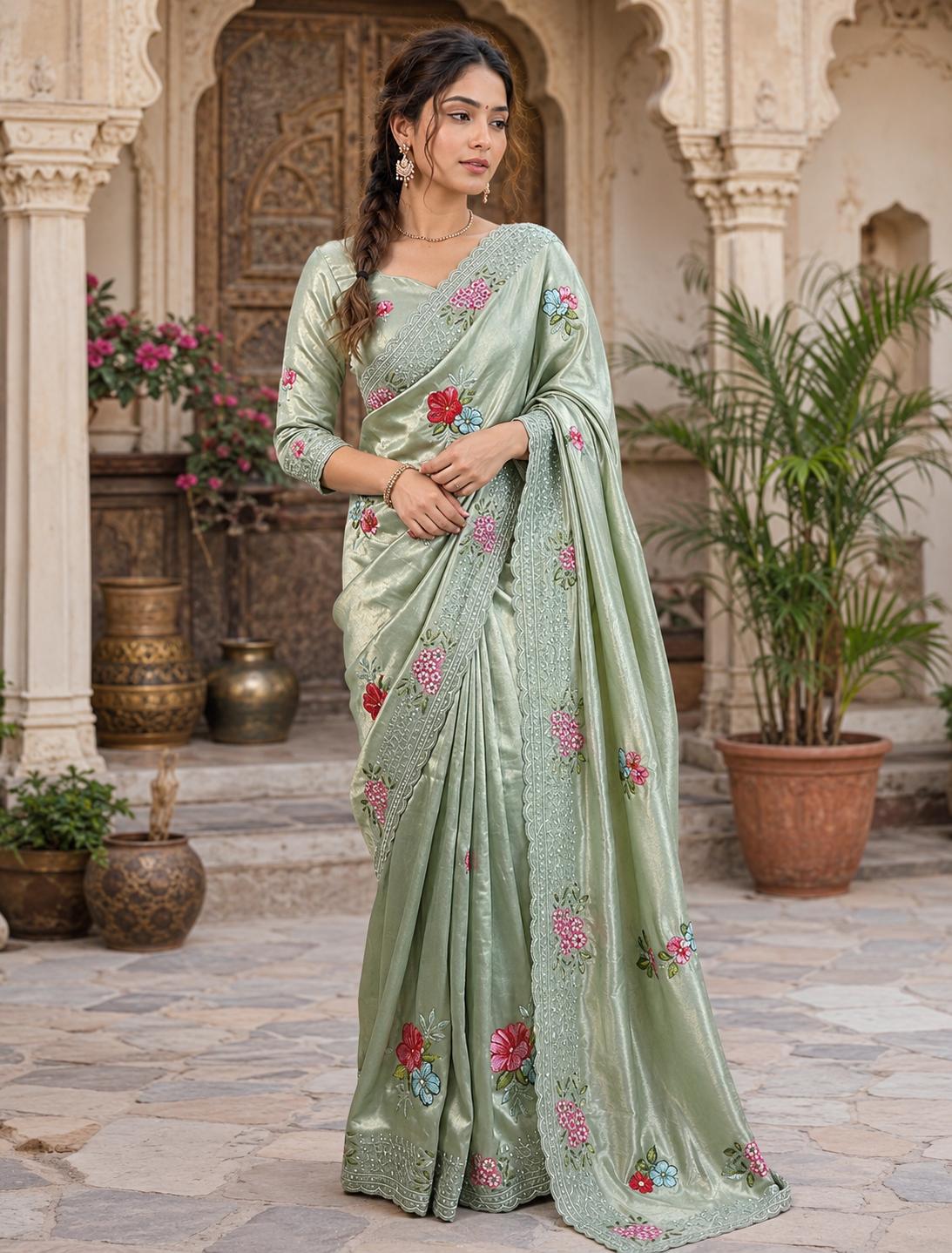 Georgette Multi Embroidery Work Saree With Unstitched Blouse(teal) image 2