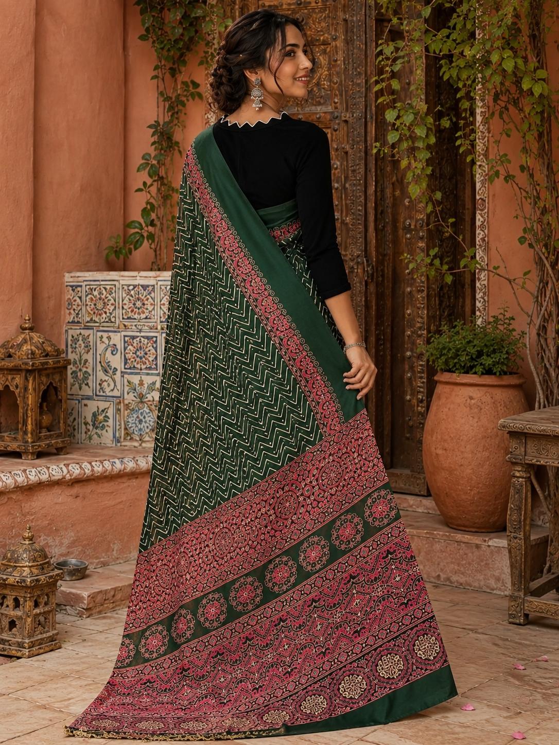 Premium Satin Silk Ajrarakh Print Saree With Unstitched Blouse(bottle Green) image 2