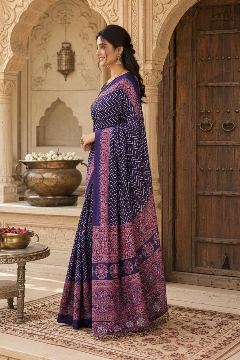 Premium Satin Silk Ajrarakh Print Saree With Unstitched Blouse(purple) image 2
