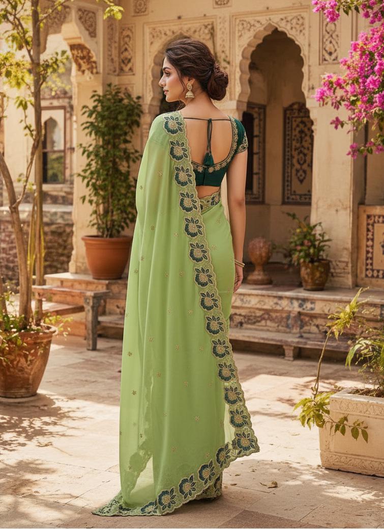 Georgette Multi Embroidery Work Saree With Unstitched Blouse(light Green) image 2