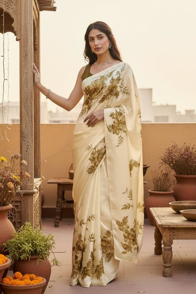 Premium Satin Silk Printed Saree With Unstitched Blouse(mehendi) image 2