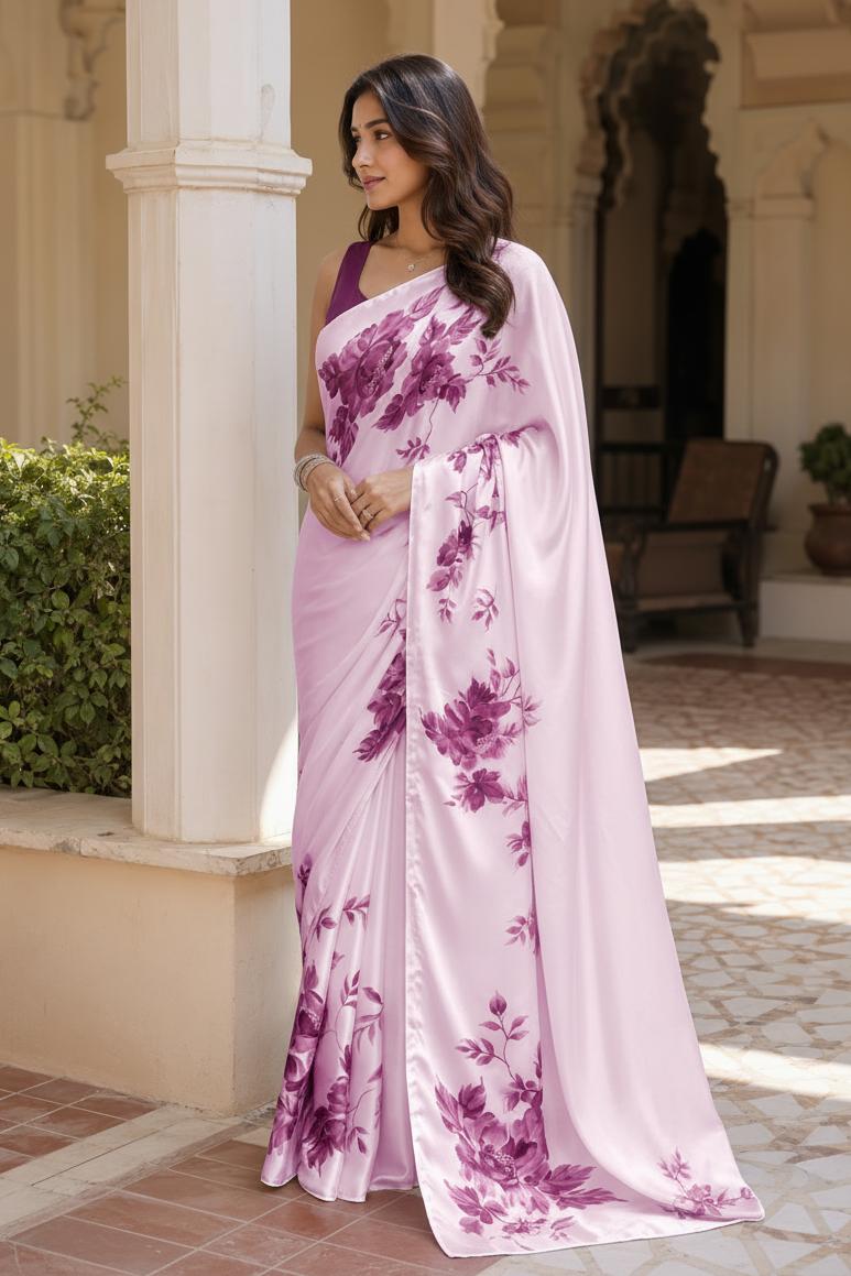 Premium Satin Silk Printed Saree With Unstitched Blouse(pink) image 2