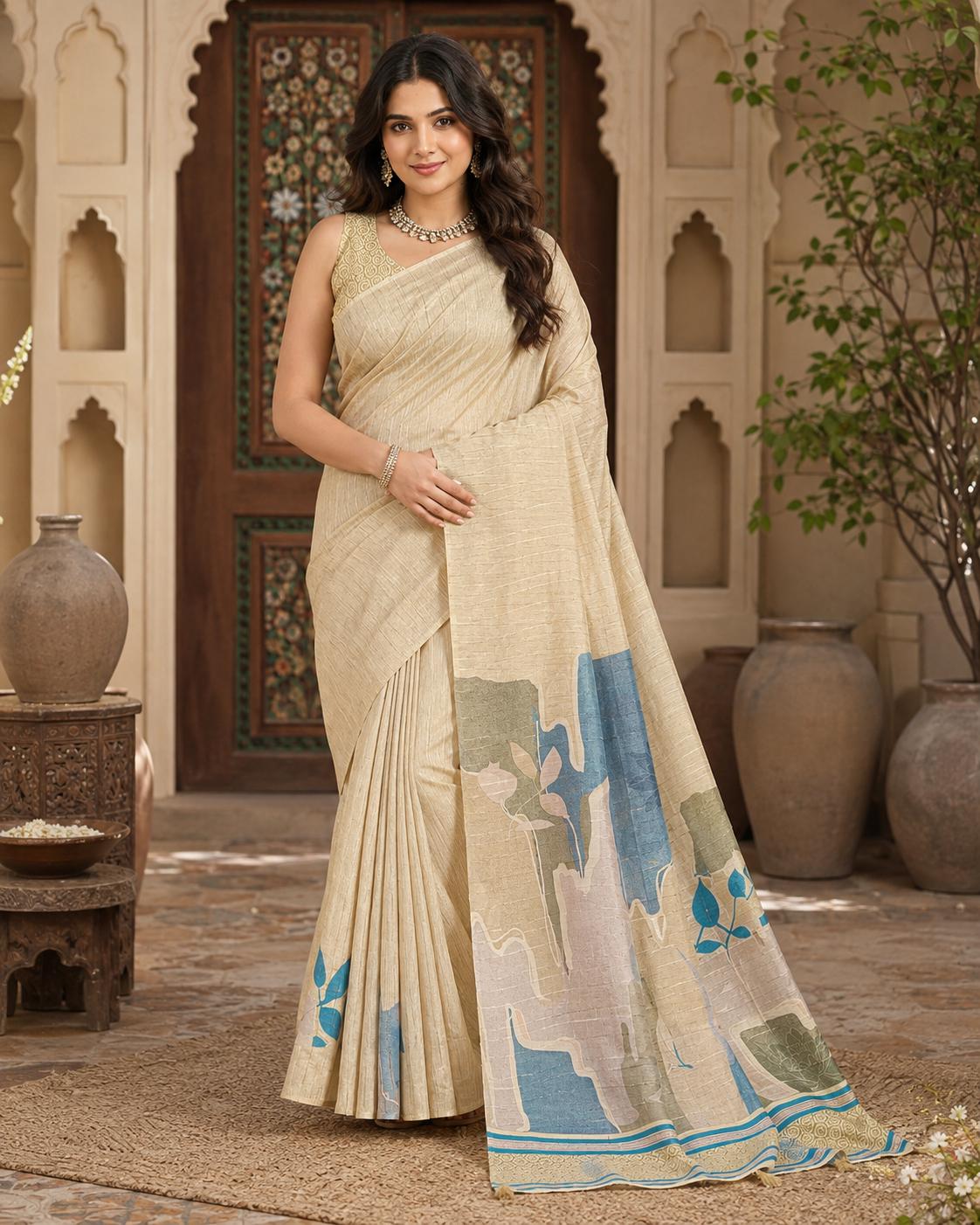 Silk Blend Jacquard Weaving Zari Border Saree With Unstitched Blouse(off-white) image 2