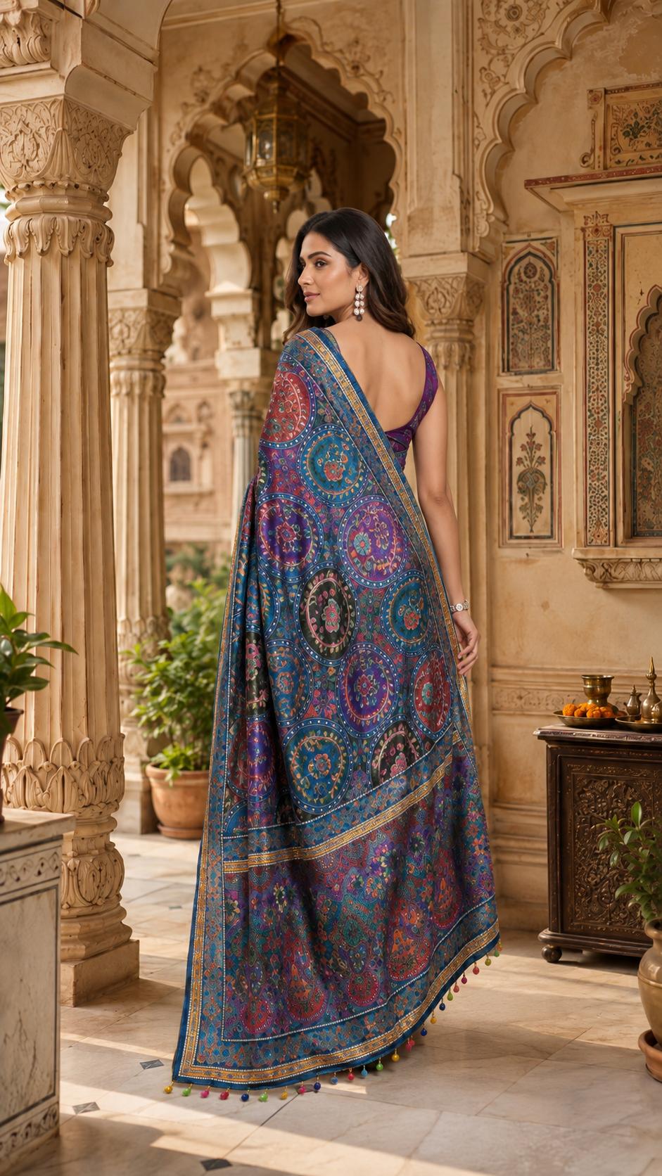 Modal Crepe Silk Mirror Work Saree With Unstitched Blouse(purple) image 2