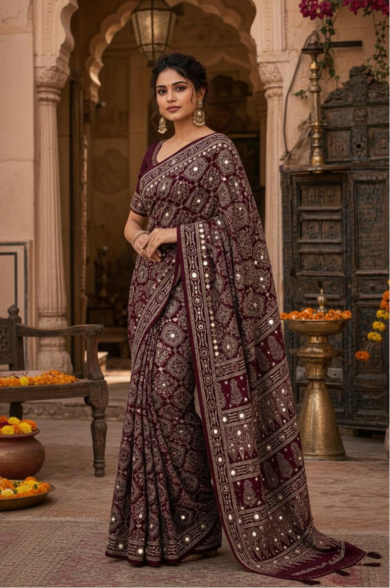 Premium Satin Ajrakh Printed Mirror Work Saree With Unstitched Blouse(wine) image 2