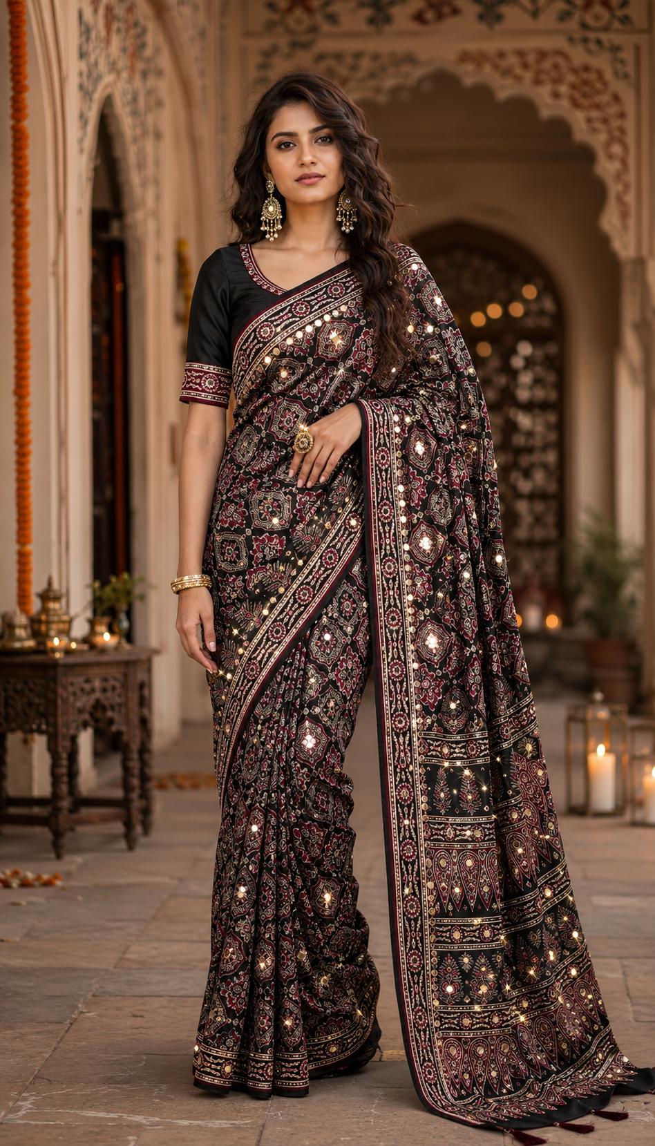 Premium Satin Ajrakh Printed Mirror Work Saree With Unstitched Blouse(black) image 2