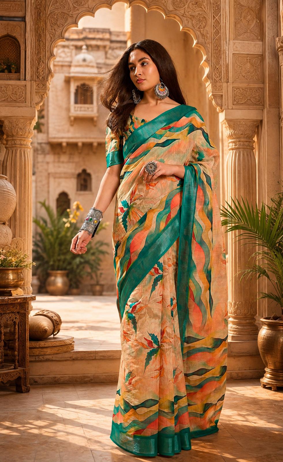 Linen Floral-printed Saree With Unstitched Blouse (MUSTARD) image 2