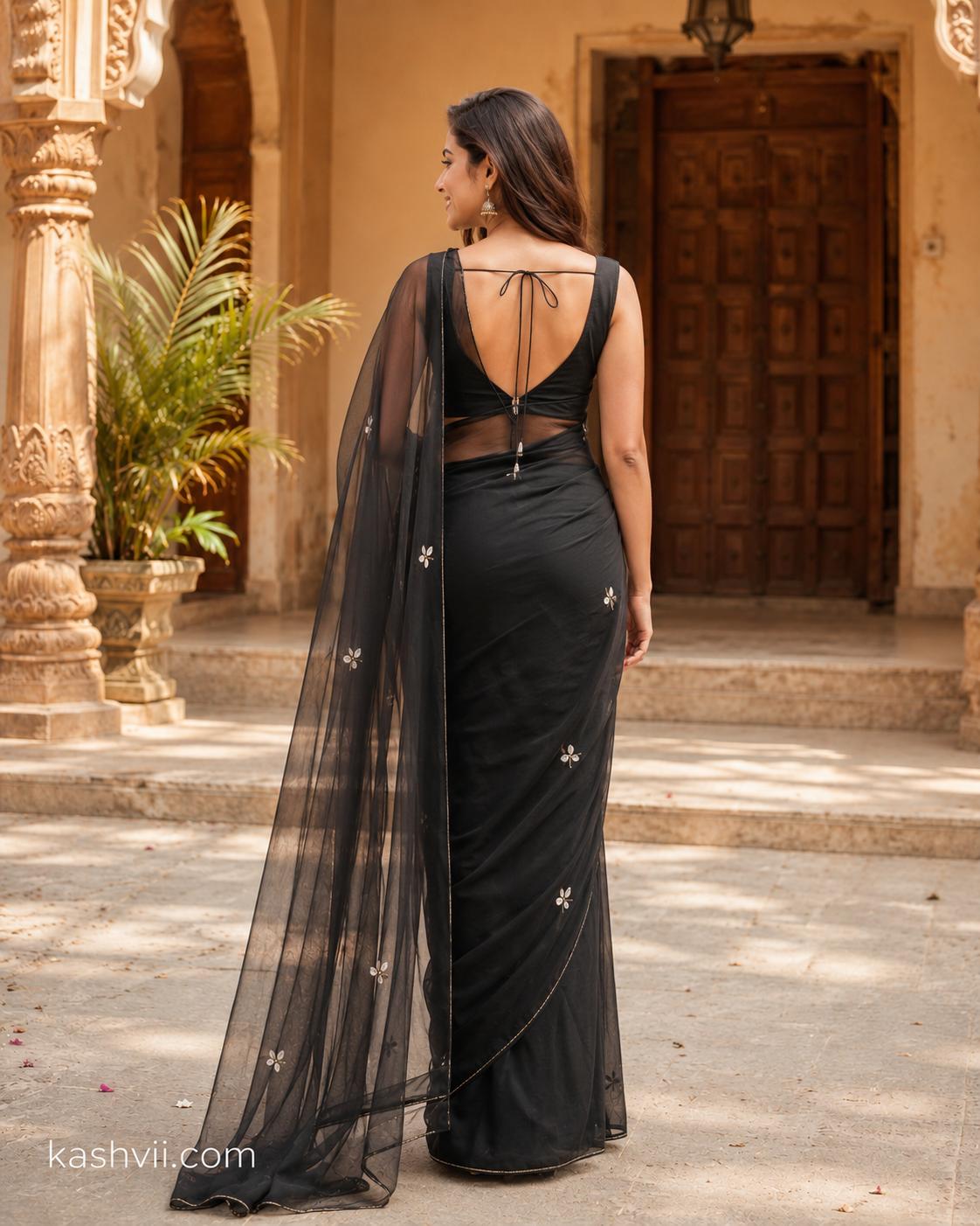 Exclusive Georgette Handwork Saree With Unstitched Blouse (BLACK) image 2