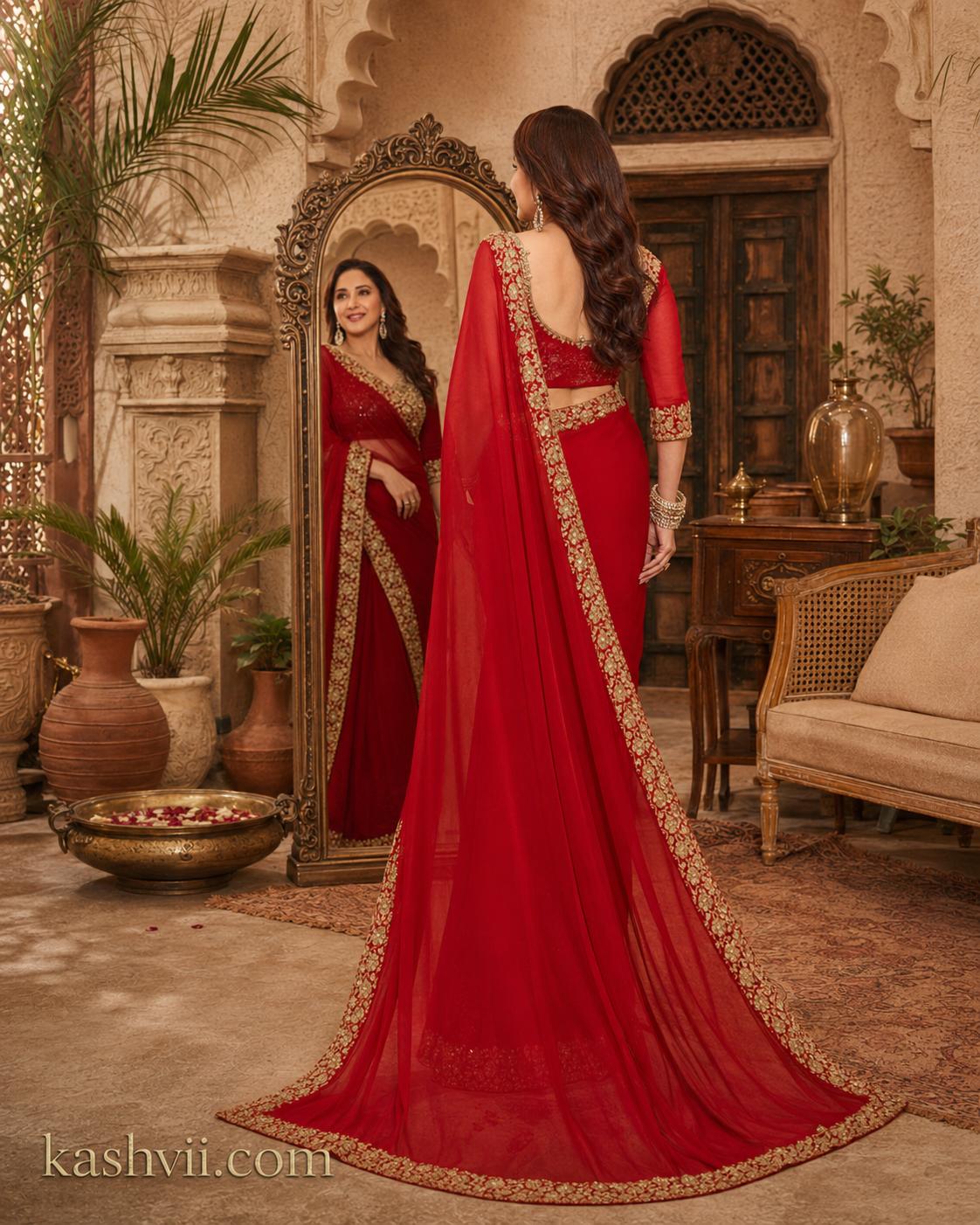 Georgette Embroidery Sequins Zari Work Saree With Unstitched Blouse(red) image 2