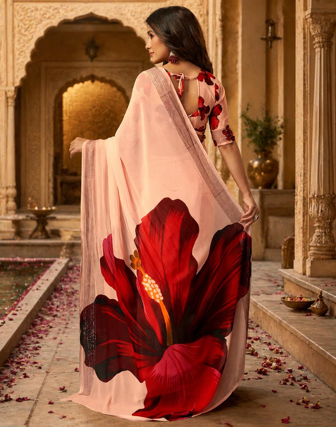 Georgette Digital Print Saree With Unstitched Blouse(cream) image 2
