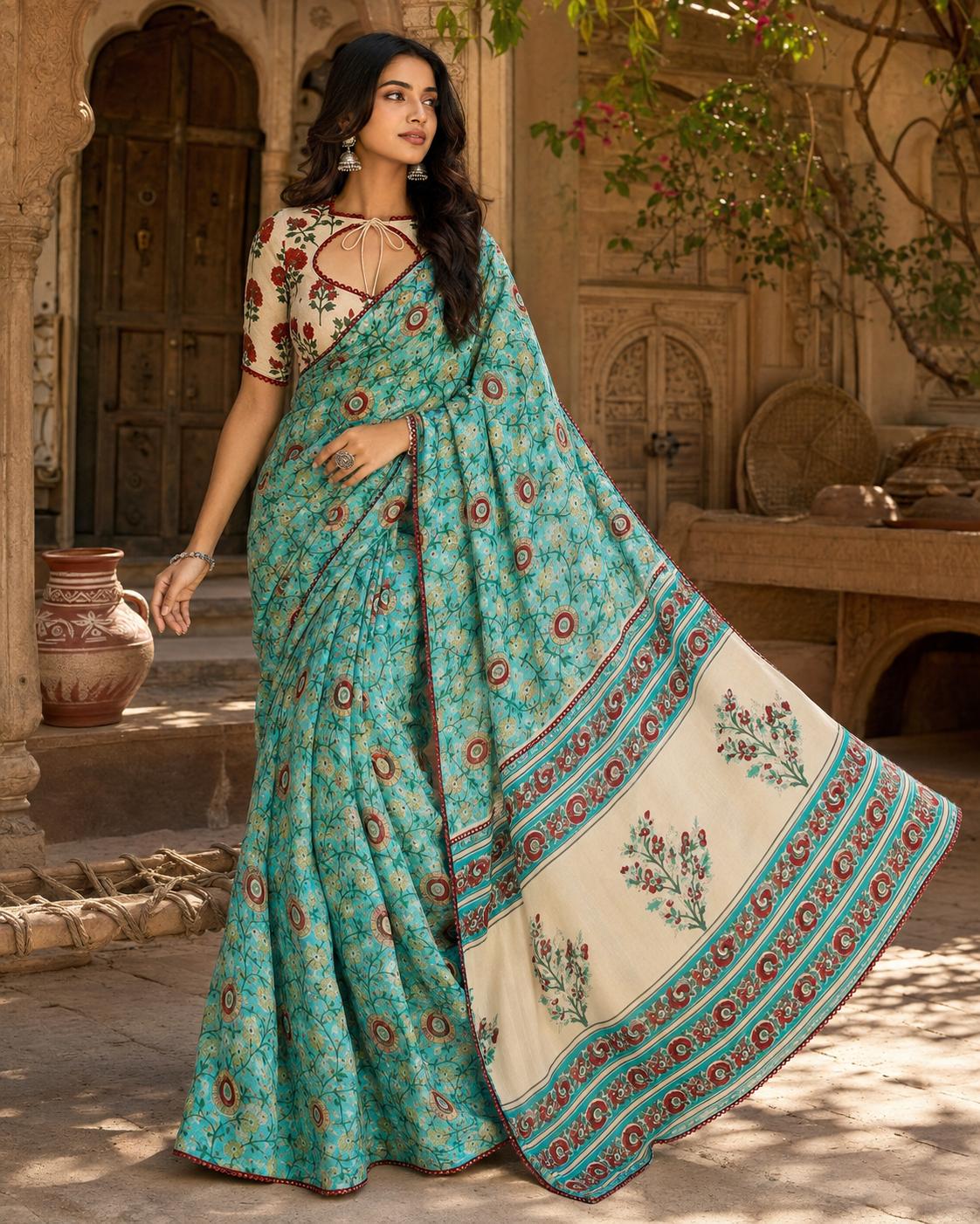 Soft Georgette Ajrakh Print Saree With Unstitched Blouse(green) image 2