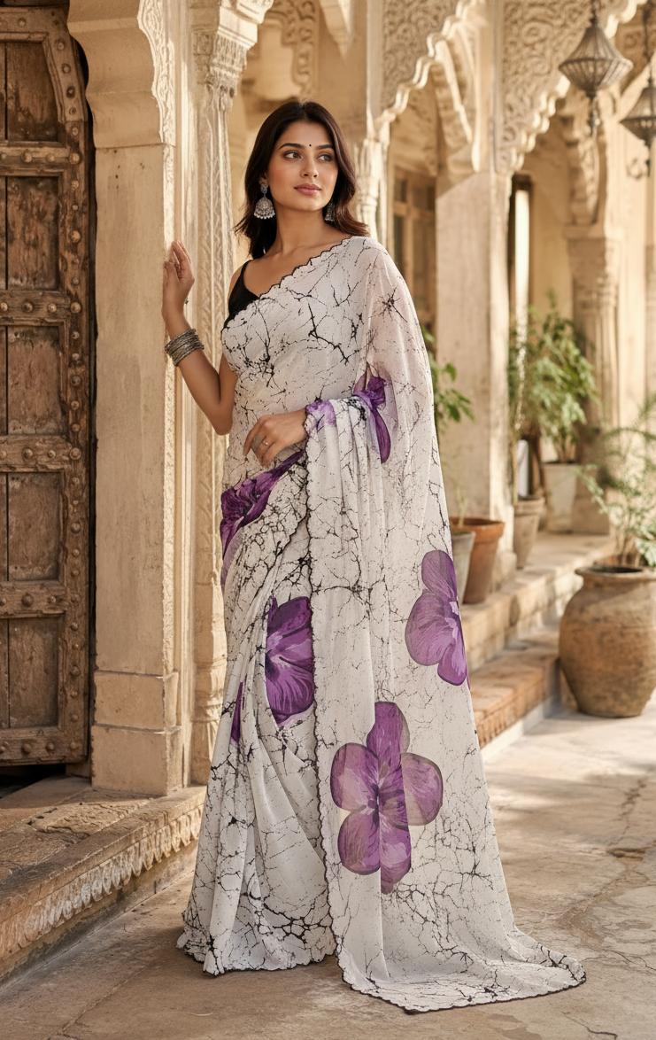 Georgette Blooming Floral Digital Print Saree With Unstitched Blouse(lavender) image 2