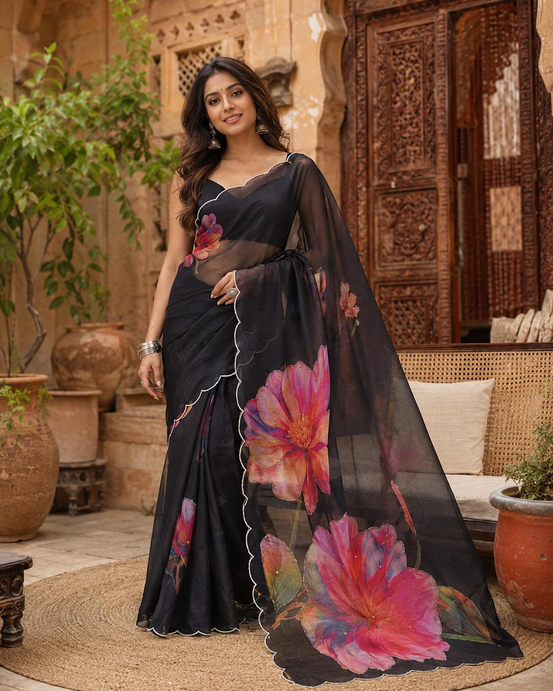 Satin Silk Floral Print Saree With Unstitched Blouse(black) image 2