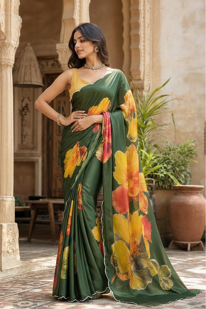 Satin Silk Floral Print Saree With Unstitched Blouse(green) image 2