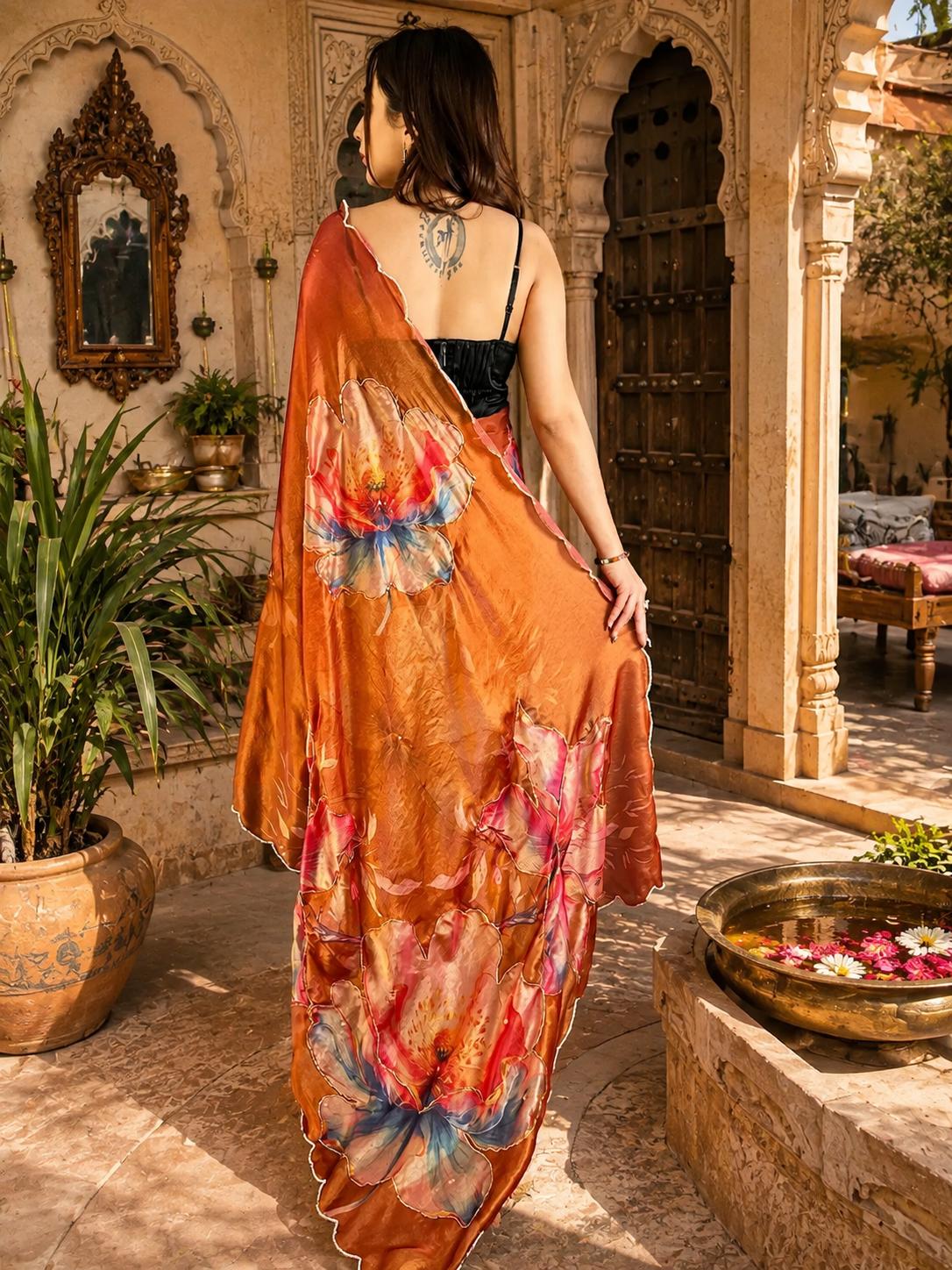 Satin Silk Floral Print Saree With Unstitched Blouse(orange) image 2