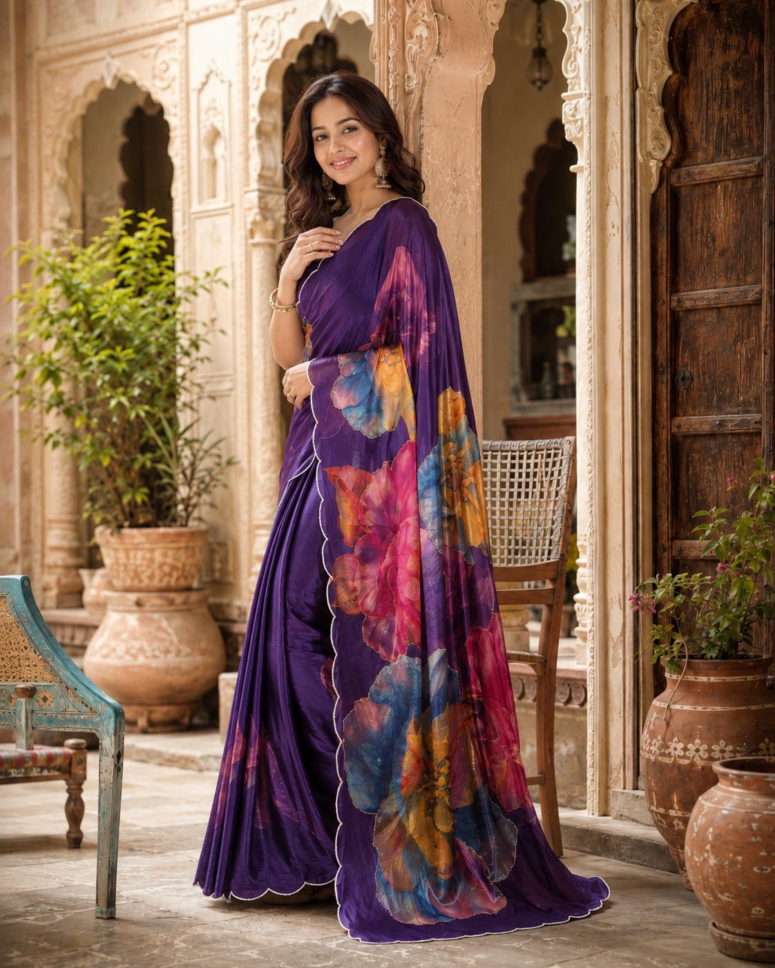 Satin Silk Floral Print Saree With Unstitched Blouse(purple) image 2