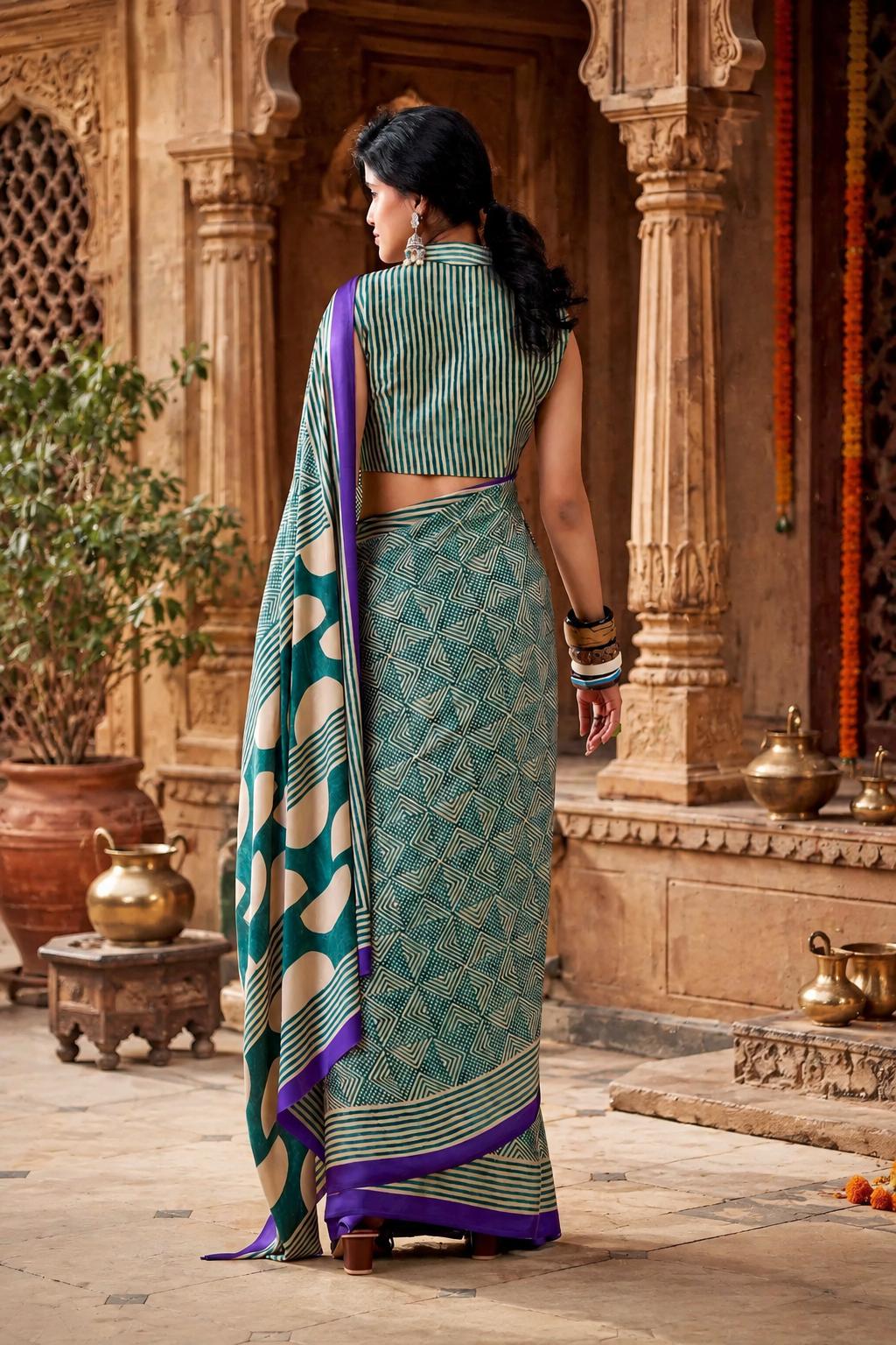 Premium Satin Silk Printed Saree With Unstitched Blouse(green) image 2