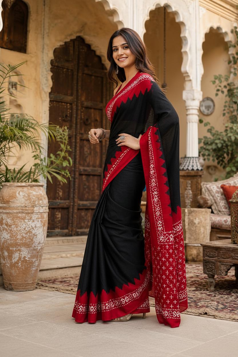 Satin Silk Printed Saree With Unstitched Blouse(black) image 2
