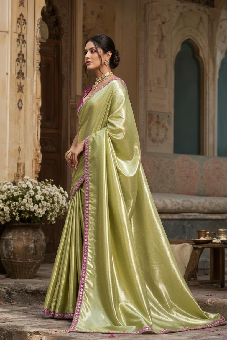 Soft Tissue Silk Sequins Work Saree With Unstitched Blouse(green) image 2