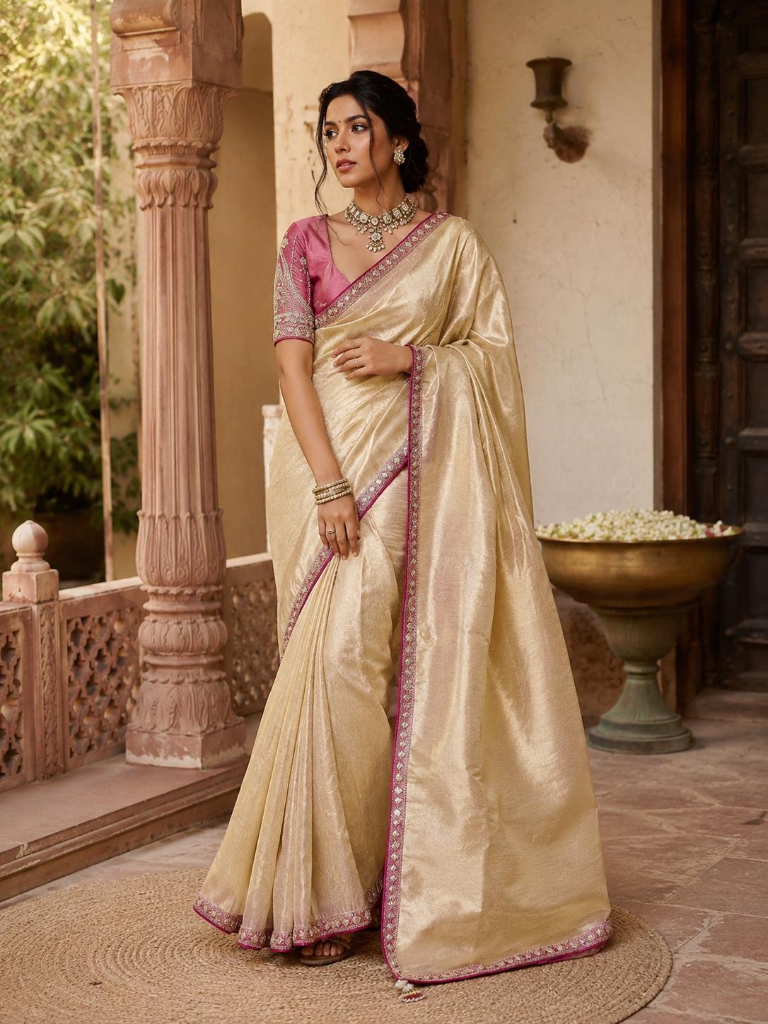 Soft Tissue Silk Sequins Work Saree With Unstitched Blouse(beige) image 2