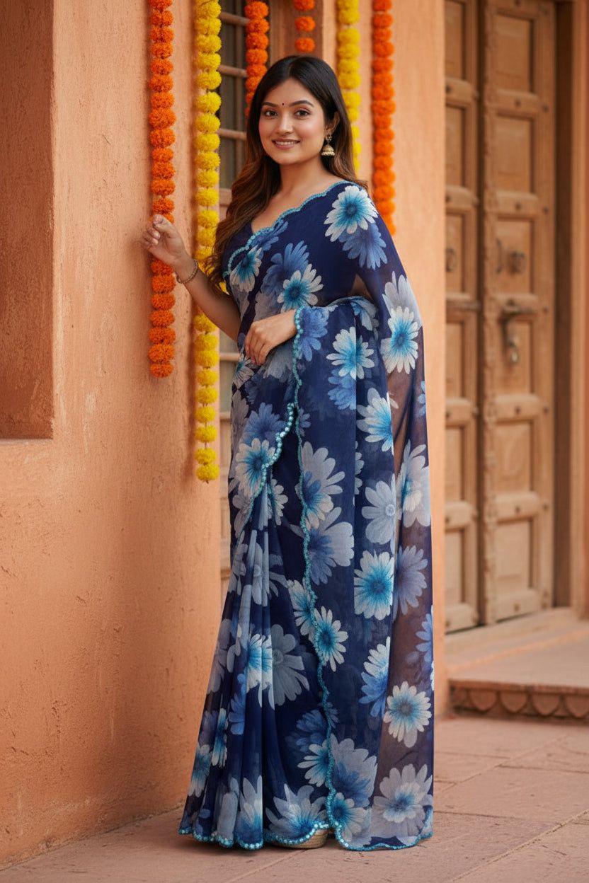 Georgette Floral Printed Saree With Unstitched Blouse(blue) image 2