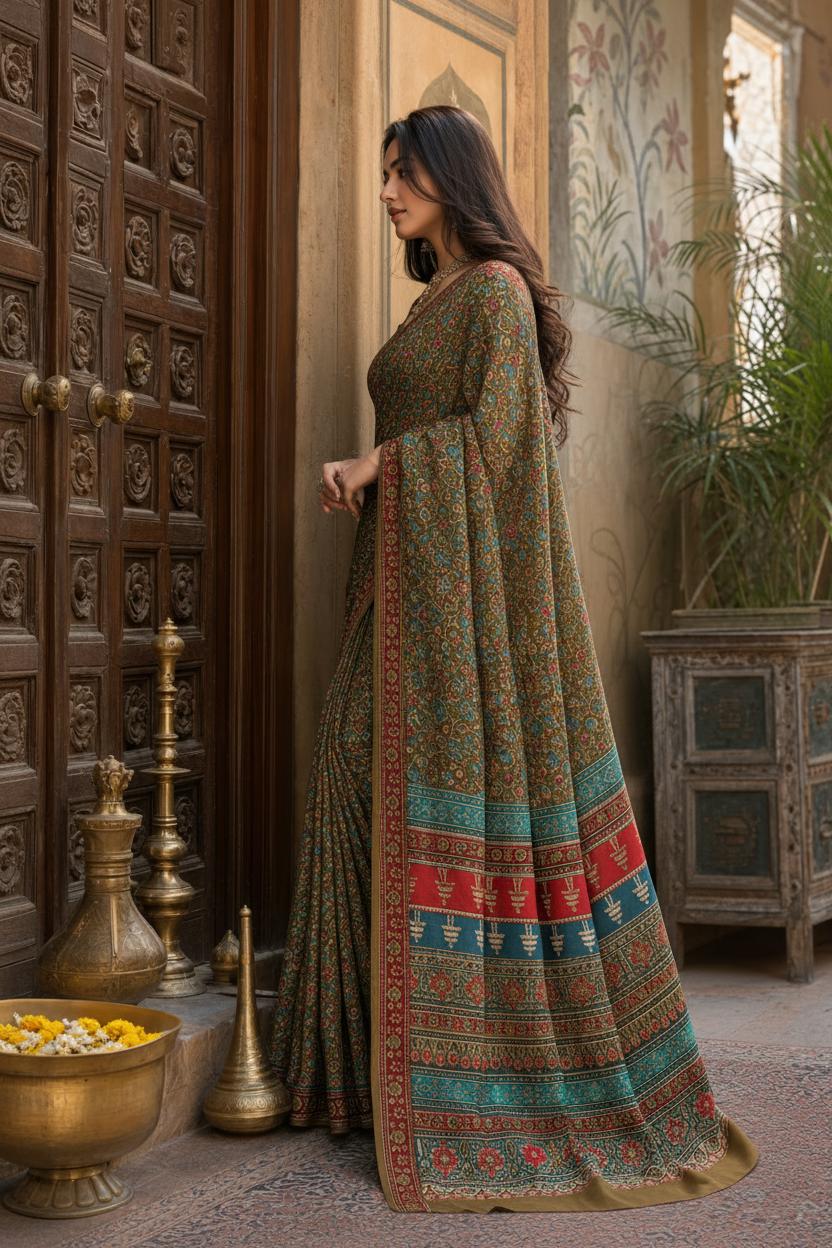 Premium Crepe Silk Saree With Unstitched Blouse(dark Green) image 2