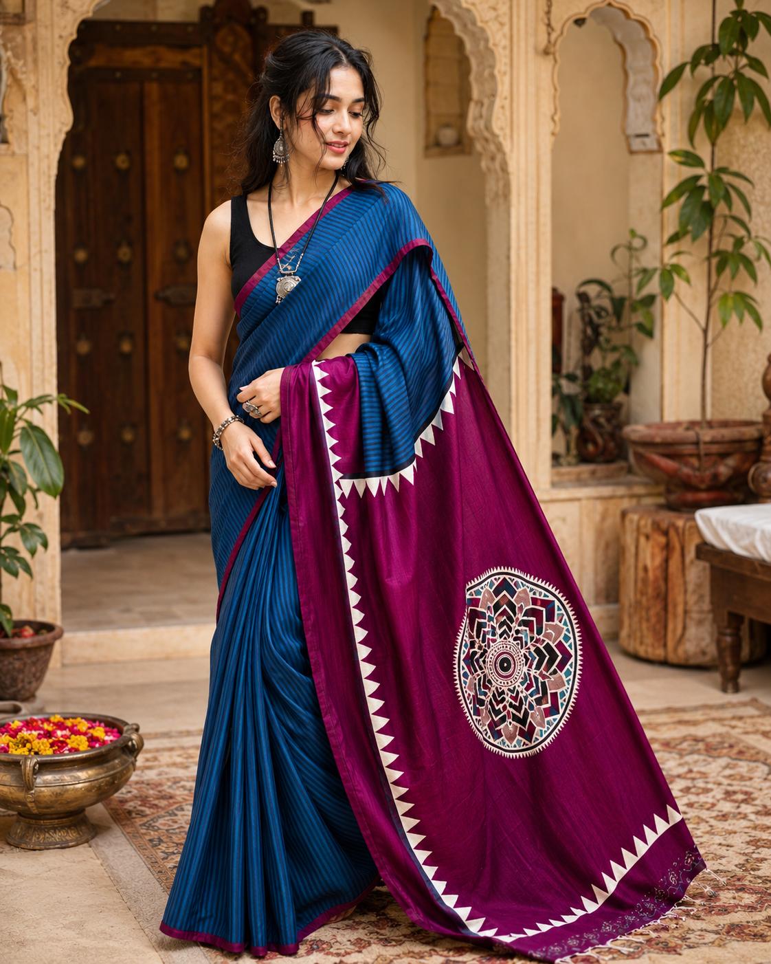 Gaji Silk Ajrakh Printed Saree With Unstitched Blouse(blue) image 2