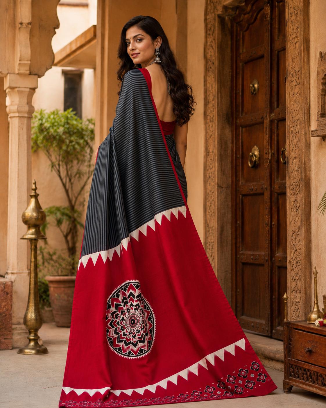 Gaji Silk Ajrakh Printed Saree With Unstitched Blouse(red) image 2