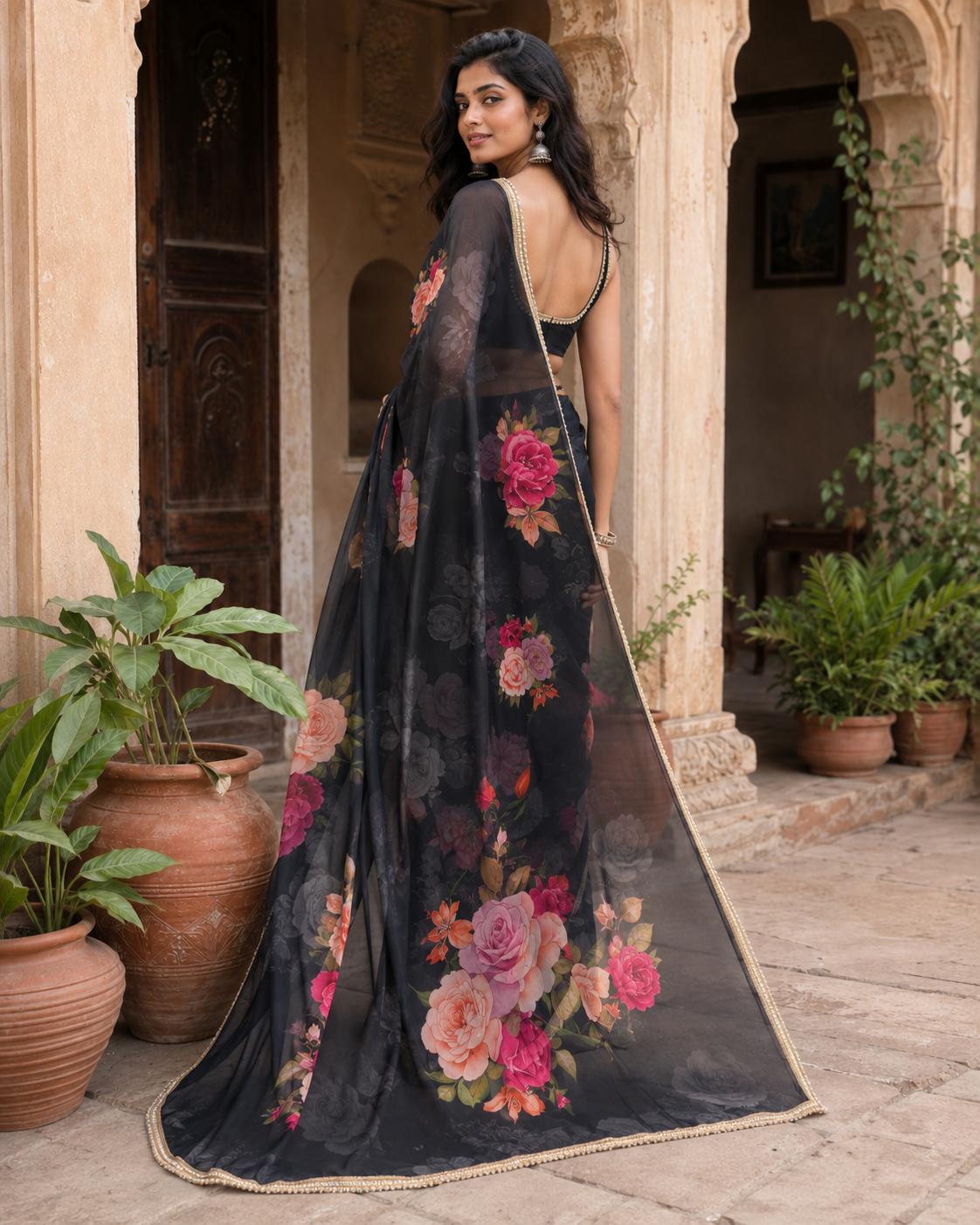 Georgette Floral Printed Saree With Unstitched Blouse(black) image 2